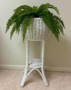lot 126 image: Bright White Wicker Plant Stand with Faux Fern