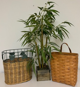 lot 130 image: Lovely Gathering of Woven Waste Basket, Wall Art Woven Basket and Bamboo Tree in Pot