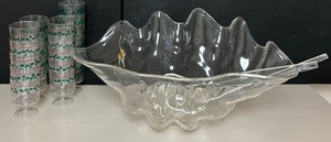 lot 137 image: Shell Shaped Punch Bowl with 2 Ladles Clear Plastic with Small Holiday Plastic Glasses
