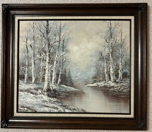 lot 168 image: Framed Oil on Canvas Painting Winter Snow Frost Forest River