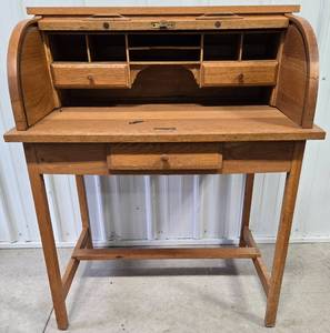 lot 11 image: Vintage Petite Wood Roll Top Writing Desk 