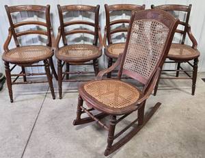 lot 12 image: 4 Antique Wood Chairs and Rocking Chair wCane Seats