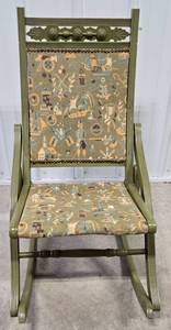 lot 30 image: Antique Foldable Rocking Chair w Embroidered NEEDLEPOINT Seating