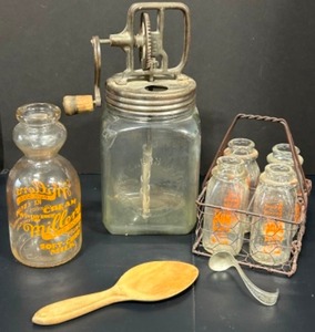 lot 89 image: Antique Working Buttermilk Beater Bottle DAZEY #30, Milk Bottles & More