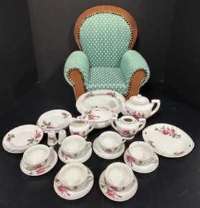 lot 87 image: Childs Play Vintage Floral Tea Set and Upholstered Doll Chair