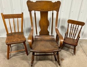 lot 85 image: Vintage Wooden CHAIRS Rocking & Stable Child Sized & Regular