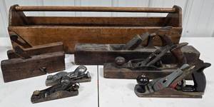 lot 120 image: Antique Wood Toolbox w7 Woodworking Collectible Planers 
