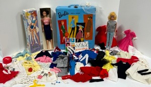 lot 21 image: Vintage BARBIE Lot of Clothing #4 Blond Ponytail, Midge in Box Accessories & Case