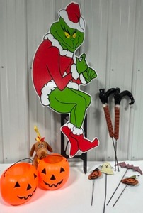 lot 109 image: Holiday Outdoor Decor The GRINCH & His Dog, The Wicked Witch Feet, Pumpkins & More