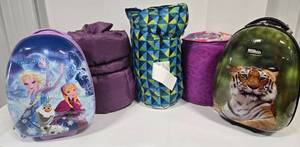 lot 74 image: 2 Hardcover Rolling Carry-On Luggage & 3 Kids Sleeping Bags