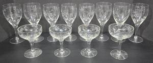 lot 141 image: Etched Flower Pattern Glass Goblets & Champagne Glasses - 12 QTY.