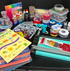 lot 158 image: CRAFTING Lot Variety of Art Supplies for Painting, Brushes, Scrapbooking, Paper, Paint & More