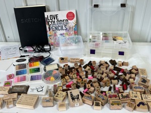 lot 183 image: STAMPING UP Lot of Rubber Stamping, Ink Pads, Embossing, Sketching and Paper Supplies