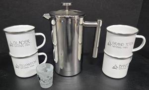 lot 252 image: SECURA French Coffee Press & 4 Enameled National Park Mugs
