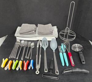 lot 264 image: Misc. Kitchen Utensils, Silverware, Towel Holder, & Towels