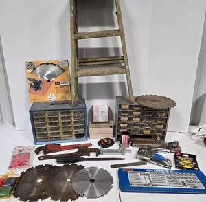 lot 279 image: Variety of Vintage Shop Supplies, Tools & Ladder 