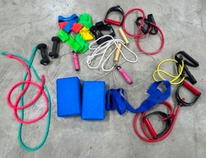 lot 211 image: WORKOUT Equipment Blocks, Bands, Weights & Jump Ropes