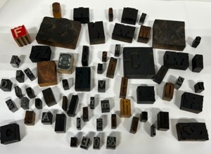 lot 253 image: Vintage LETTERPRESS Wood and Metal Block Letters - Printing press  Advertising