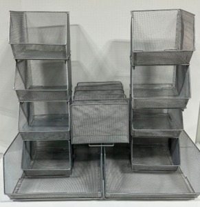 lot 258 image: Stackable Wire Mesh STORAGE Bins Silver Two Sizes And Paper Rack