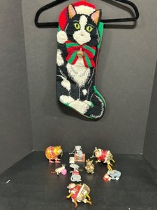 lot 280 image: Whimsical KITTY CAT Christmas Ornaments with a Needlepoint Cat in Santa Hat Stocking
