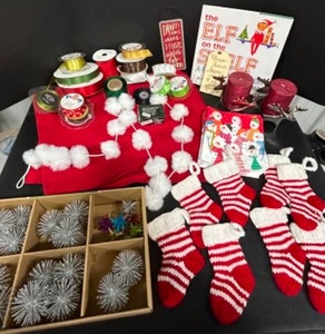 lot 294 image: CHRISTMAS Decorative Lot Including Crate & Barrel Placemats, Reindeer Candle Holders, Ribbon, Spikey Snowflakes & More