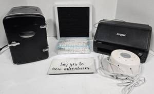 lot 240 image: Mini Fridge, Printer, Sound Machine, & Wall Dcor