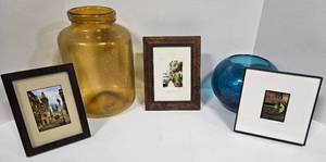 lot 334 image: 3 Framed Signed Artwork & 2 Bright Vases Household Dcor