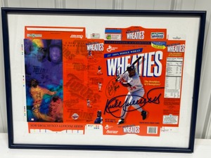 lot 174 image: Framed WHEATIES Box with Minnesota Twins Player KIRBY PUCKETT Autograph #34 Signed
