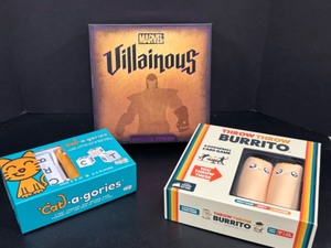 lot 340 image: Brand NEW Fun Unusual BOARD GAMES Villainous, Cat-a-Gories & Throw Throw Burrito