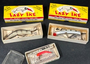 lot 326 image: Vintage Lot of LAZY IKE Fishing Lures in Their Original Boxes Wood Lures