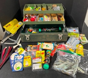 lot 358 image: Vintage Walton Products GRIP LOC Tackle Box Full of  New and Used Fishing Items