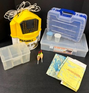 lot 359 image: Fishing Storage and Accessories Including Plano Organizing Boxes, Bobbers, Maps and Bait Bucket