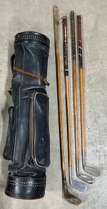 lot 364 image: Antique 4 Wood Shafted GOLF CLUBS & Stove Pipe Leather Golf Bag