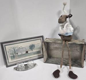 lot 343 image: WMF Cromargan CreamSugar, Metal Crate, Shelf Moose, & Needlepoint