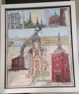 Artist Signed Oil Pencil Oldenburg Port Map  Ole  West