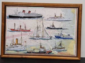 Artist Signed Oil Pencil Nautical Ships Map  Ole West