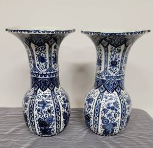 Large Vintage White and Blue Boch Delfts Vase, pair