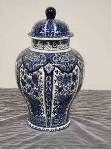 Large Vintage White and Blue Boch Delfts Lidded Ginger Jar