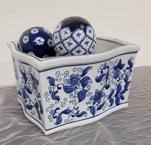Blue and White Decorative Spheres with Planter
