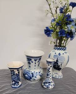 Collection of Blue and White Delft Vases Handpainted