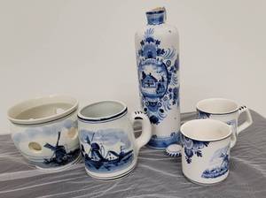 Collection of Blue and White Delft Planter  Mugs  Corked Jug