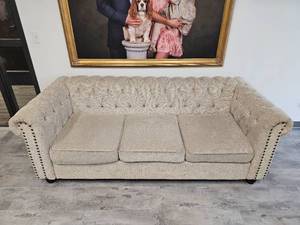 Beautiful Taupe Tufted 3 Cushion Sofa