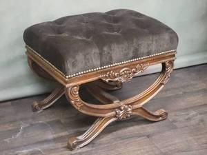 Elegant Plush Tufted & Tacked Ottoman with Carved Accents - Gunmetal Grey