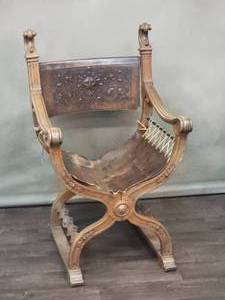 Edwardian Carved Dagobert Chair with Original Leather Sling Seat & Back