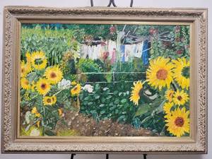 SIGNED Fine Art Impressionist Still Life - Bjorn Meisner - Sunflower Laundry Line