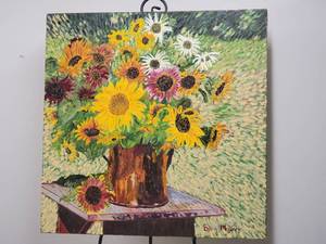 SIGNED Fine Art Impressionist Still Life - Bjorn Meisner - Sunflowers in Copper Vase