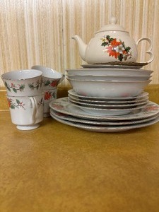 Vintage Trisa China Set with Poinsettia and Holly Pattern 1693