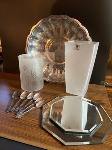 Vintage Silver Spoons, Platter, Glass Vase and more