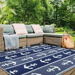 lot 25 image: Sun-Ray Seaside Classic Outdoor Rug for Patio, Camping, RV, Porch, Deck, Camper, Balcony, Backyard, 5x7 Waterproof, Reversible, Nautical, Navy and White