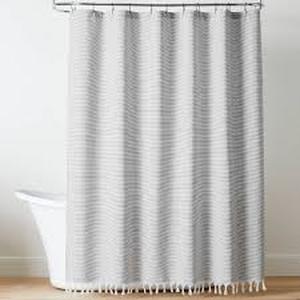 lot 175 image: Ticking Stripe Woven Shower Curtain GrayCream - Hearth & Hand with Magnolia Farmhouse Style, Recycled Polyester, Machine Washable